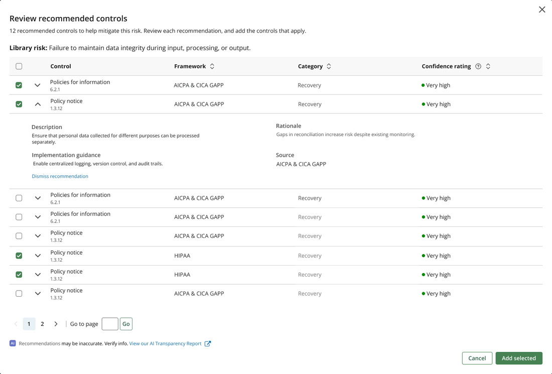 The review step as it shipped. Twelve recommended controls with a confidence rating each, one row expanded to show its description, implementation guidance, rationale and source, and Cancel and Add selected at the bottom.
