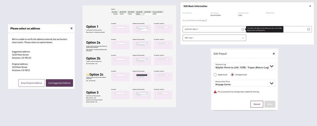 Data entry screens including address verification with a suggested match, a basic shipment information form with inline validation, and a prepull edit dialog.