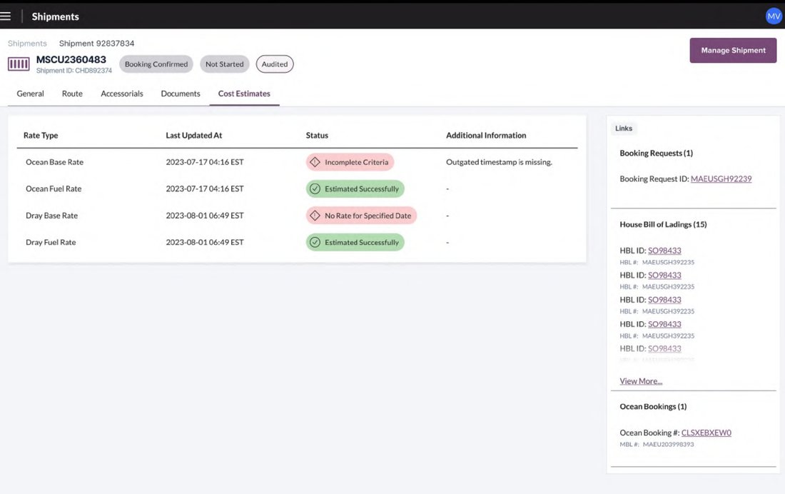 A shipment detail view showing rate types with their status, alongside links to booking requests, house bills of lading and ocean bookings.