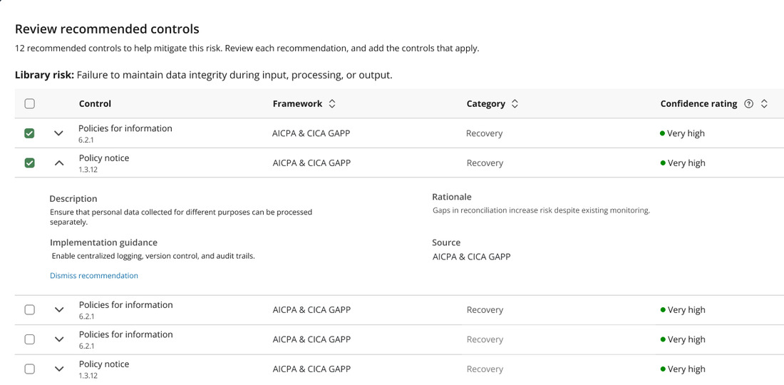 A list of recommended controls with a Very high confidence rating on each, and one row expanded to show the description, implementation guidance, rationale and source behind it.