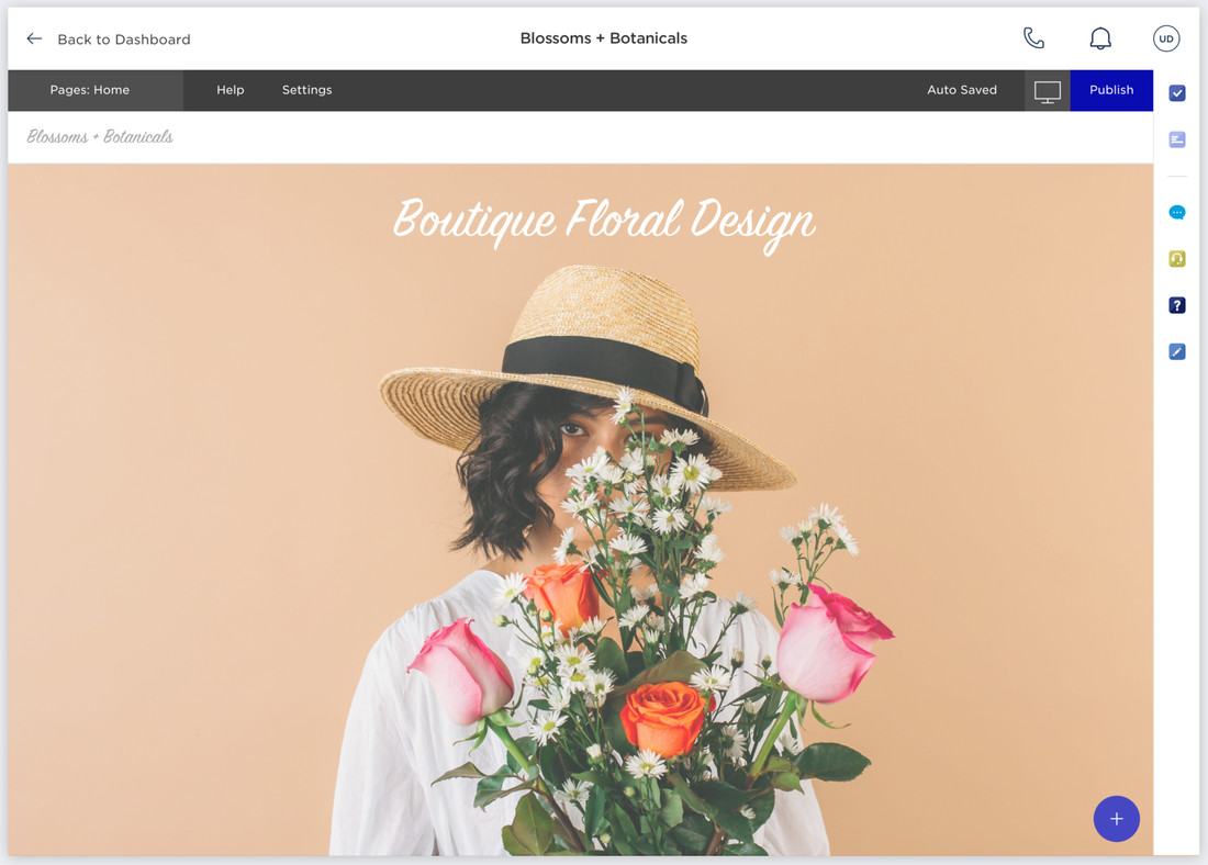 The Business Maker website builder with a florist&rsquo;s homepage in the canvas and the editing tools down the right edge.