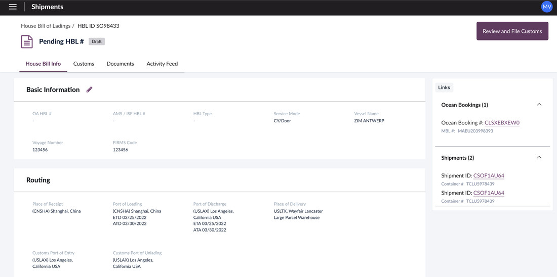 A house bill of lading in draft in NaviOS, with its basic information, routing and linked ocean bookings and shipments on one screen.