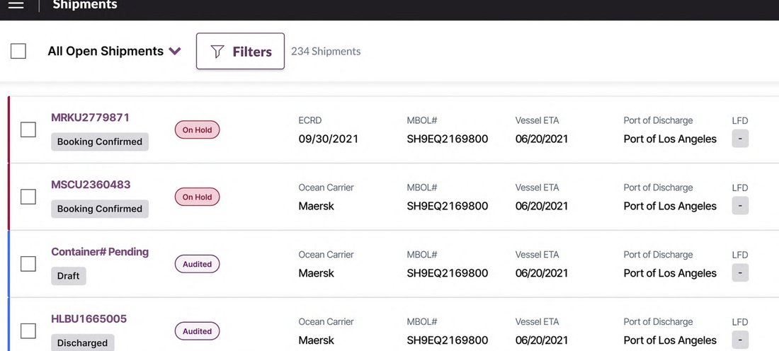 The NaviOS shipments list. Each row shows status, carrier, bill of lading, vessel ETA and port of discharge together.