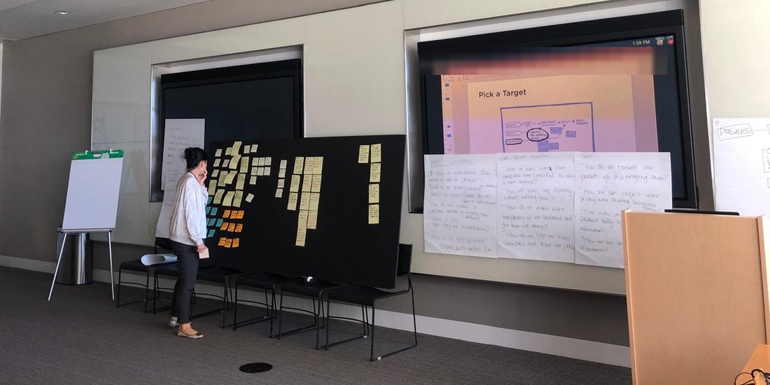 A workshop room with interview notes grouped into columns of sticky notes on a black board, flip chart paper of handwritten sprint questions taped to the wall beside it, and a facilitator standing at the board.